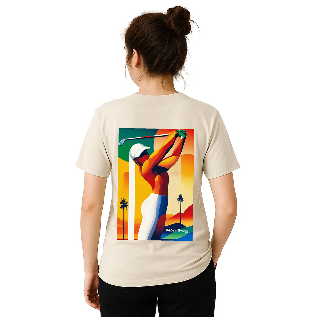 パームスプリングスゴルフTシャツは、明るいデザインが特徴で、ゴルフ場でも普段使いでも活躍する一枚です。サイズはSからXXLまで揃っています。