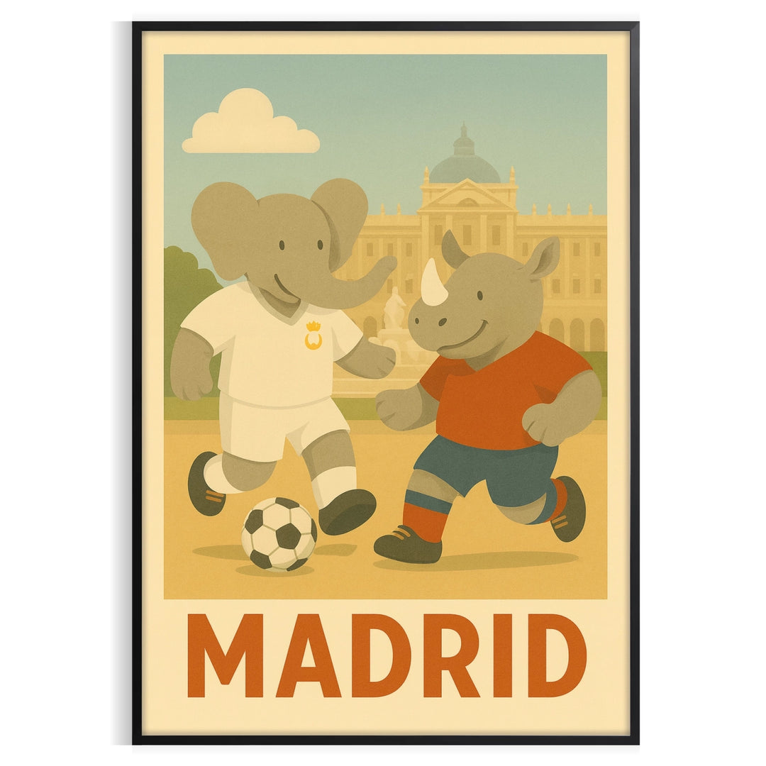 charming poster playful kid elephant rhino football vibrant spirit Madrid eye piece cm shades gray green room today avid fans animal lovers unframed options