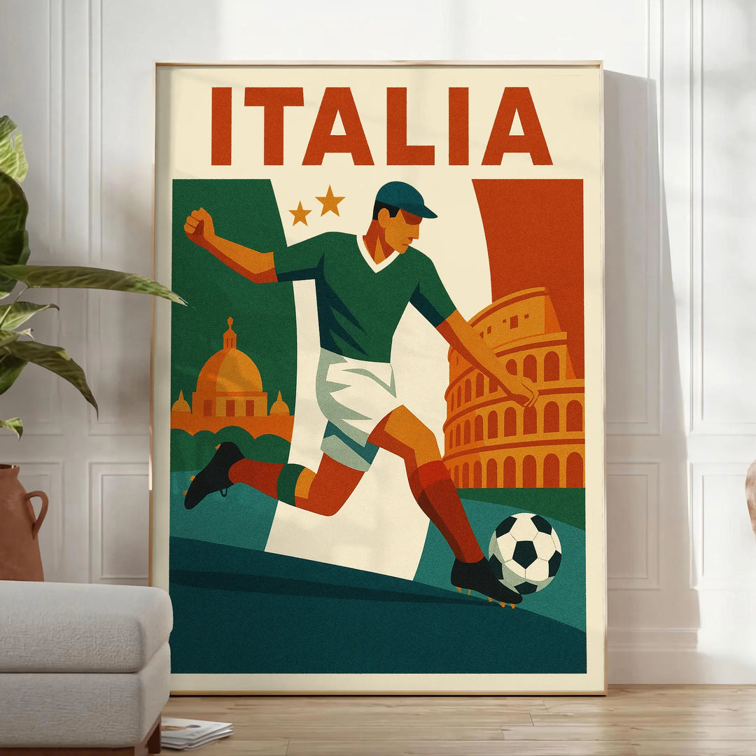 Itālijas futbola plakāts ar dzīvīgu oranžu un sarkanu krāsu, kas iemieso spēles kaislību. Pieejams izmēros 50x70 vai 30x40, i