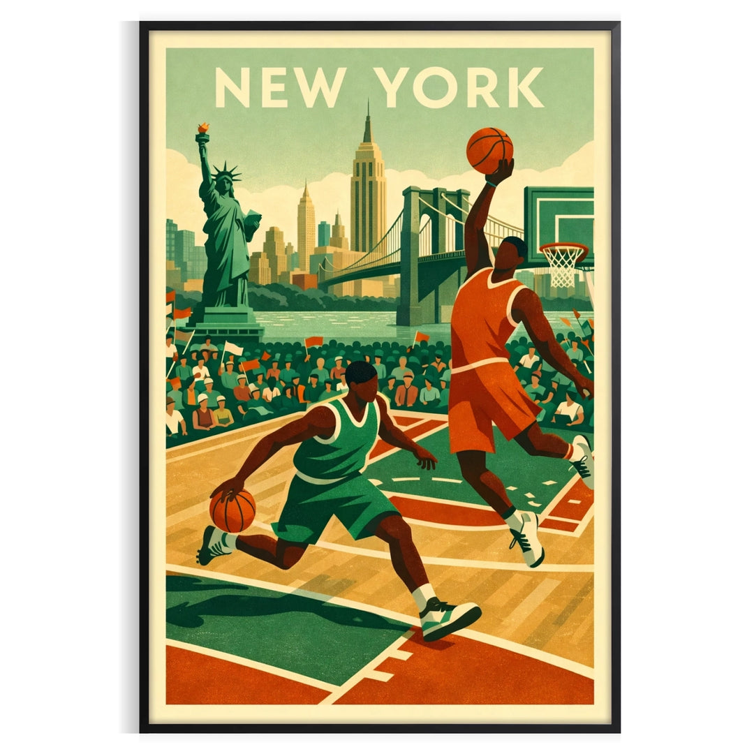 space vibrant New York USA NBA poster stunning blend brown orange hues sports enthusiasts city lovers eye piece walls available A4 cm A0