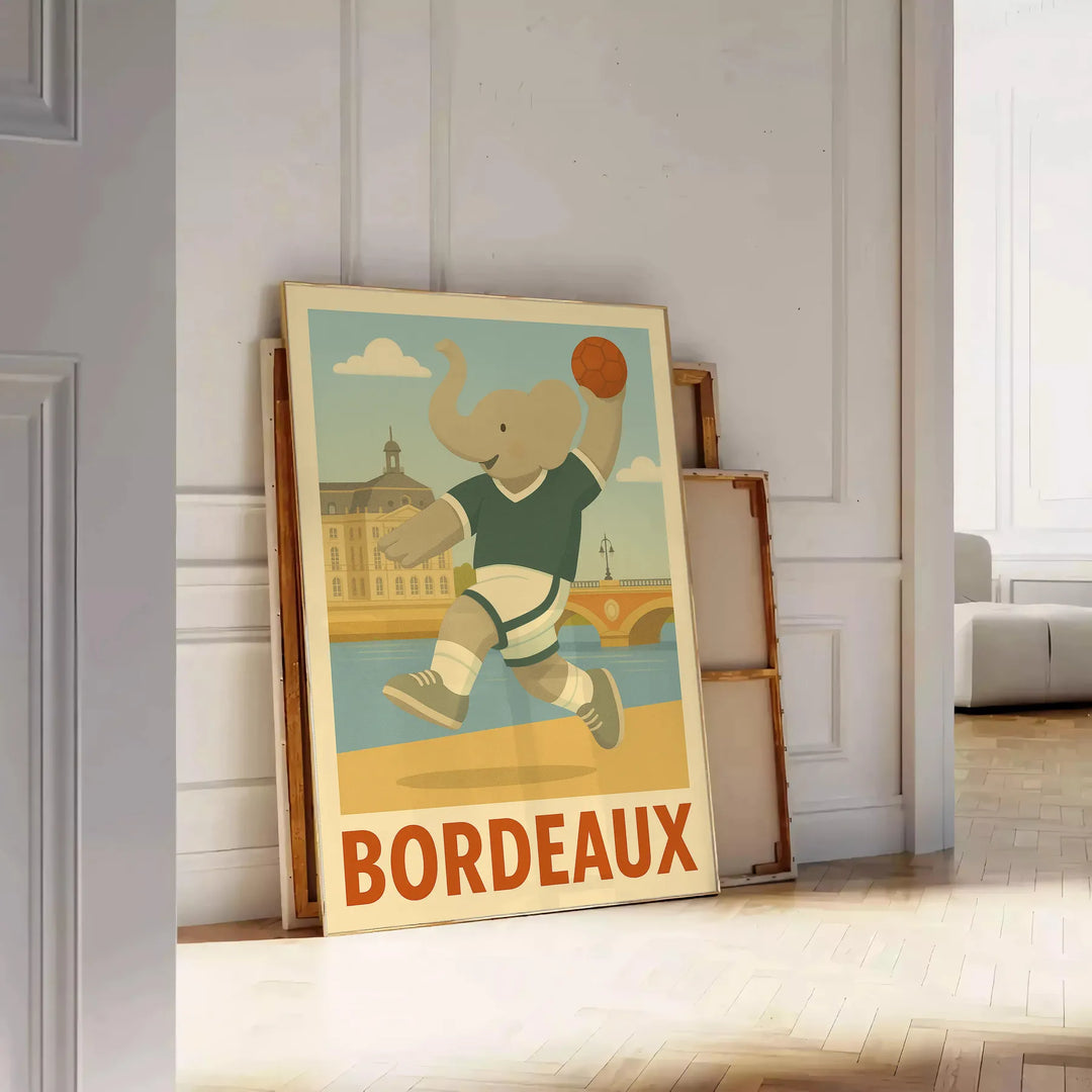 charming Bordeaux Kids Handball Elephant poster playful design gray green hues young athletes eye artwork room favorite size—50x70 unique touch decor unframed versions available