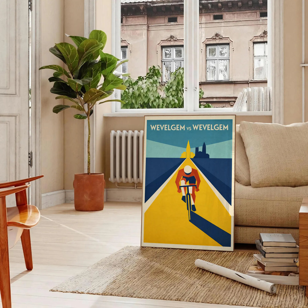 space captivating Wevelgem Belgium Cyclisme poster vibrant blue green hues spirit cycling enthusiasts collectors dynamic touch decor available A4 cm A0