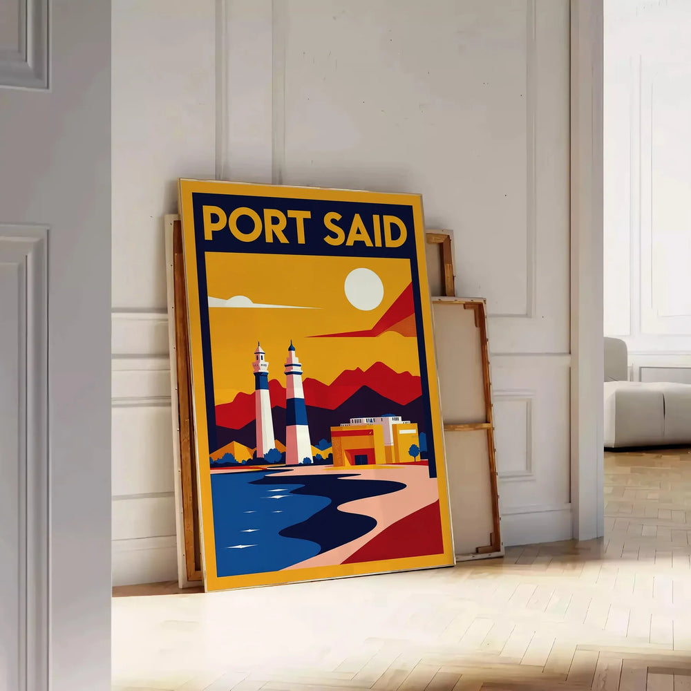 charm Port Said Egypt stunning Art Deco vintage poster vibrant orange blue tones touch elegance space available two sizes today