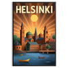 Manifesto vintage Art Déco di Helsinki con illustrazione cittadina grigia e verde.