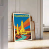 Póster vintage Art Deco de Kaohsiung, Taiwán, en azul y blanco, ideal para decorar cualquier espacio con nostalgia y eleganci