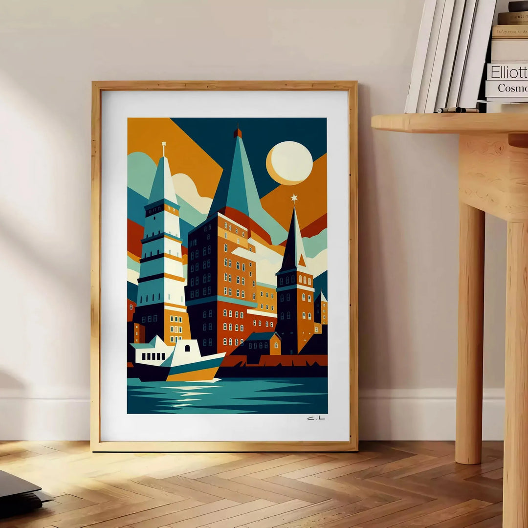 Poster vintage Art Déco di Amburgo con toni verde e rosso