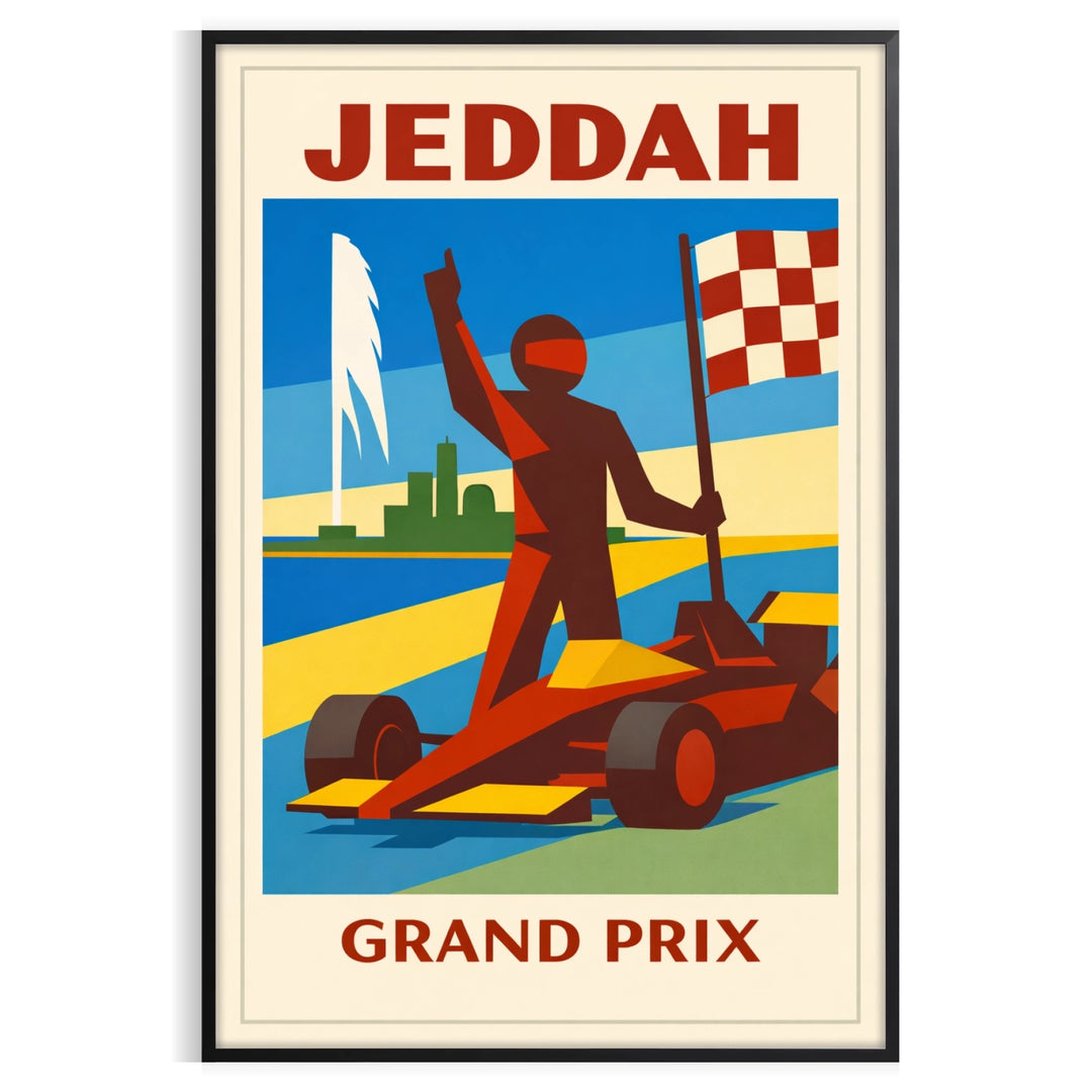 A dynamic illustration of a Formula 1 race in Jeddah, Saudi Arabia, featuring green and gray tones.