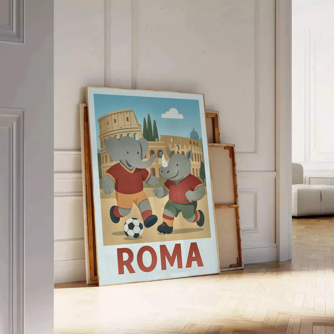 Ανακαλύψτε τον χαριτωμένο ελέφαντα και ρινόκερο που παίζουν ποδόσφαιρο σε αυτό το ζωντανό πόστερ σε γκρίζους και πράσινους τό