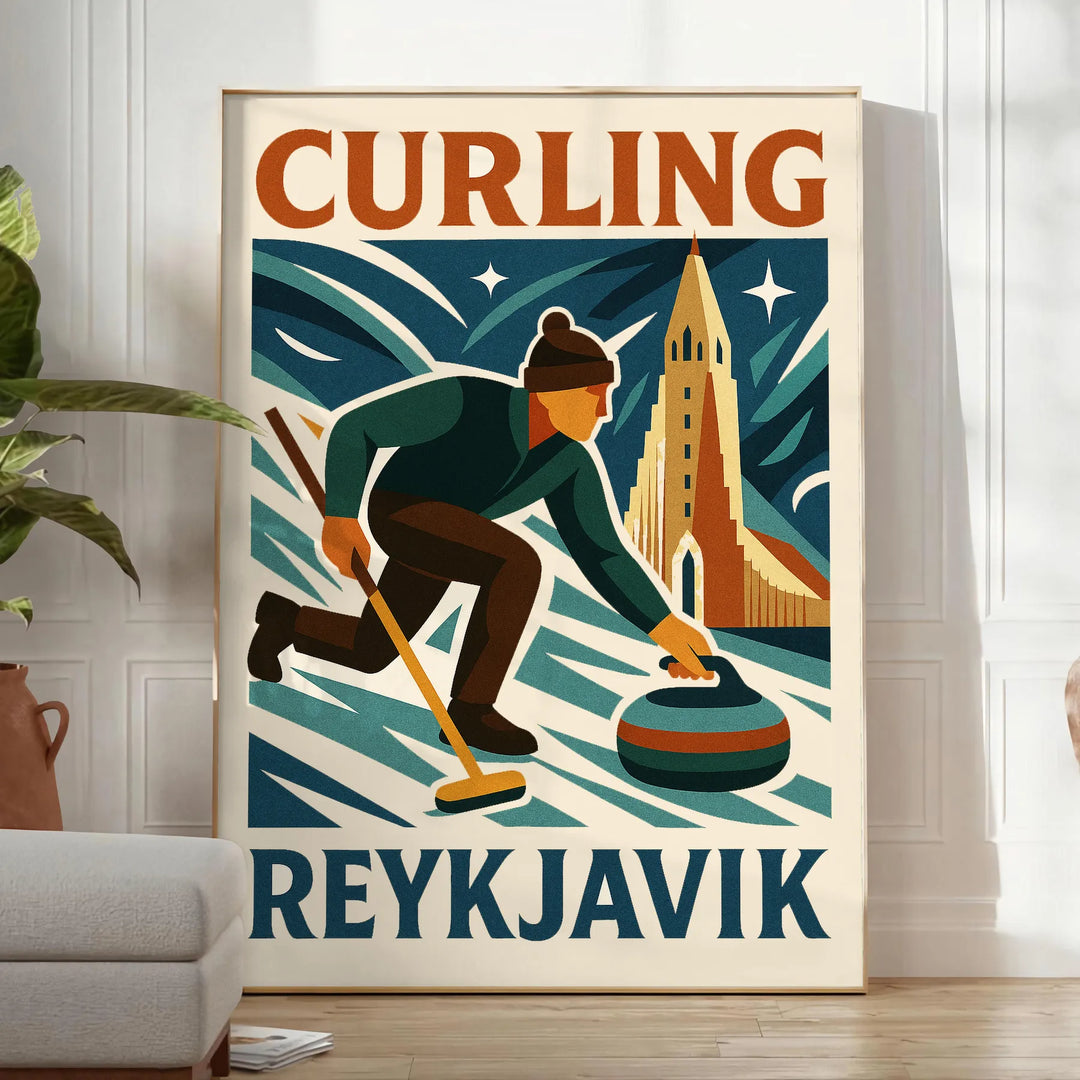 レイキャビクの美しい風景を背景にした活気あるカーリングポスター。スポーツ愛好家やインテリア好きに最適な、50x70または30x40の2サイズから選べるフレーム付きまたはフレームなしのバージョン。