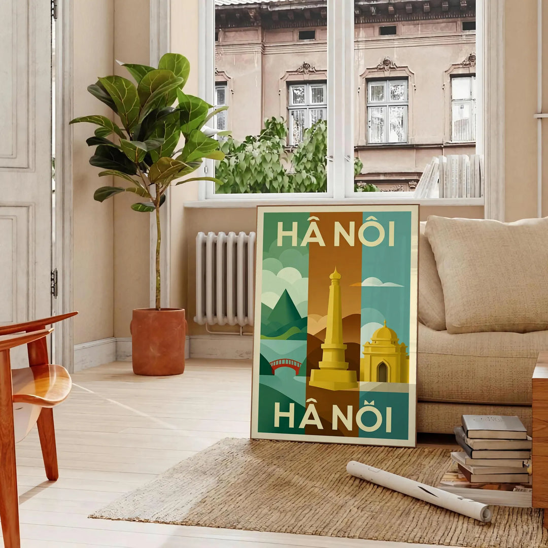 Vintage reseplakat från Hanoi, Vietnam med Art Deco-element i livfulla blå och gröna nyanser. Perfekt för inredning och nosta