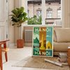 Vintage reseplakat från Hanoi, Vietnam med Art Deco-element i livfulla blå och gröna nyanser. Perfekt för inredning och nosta