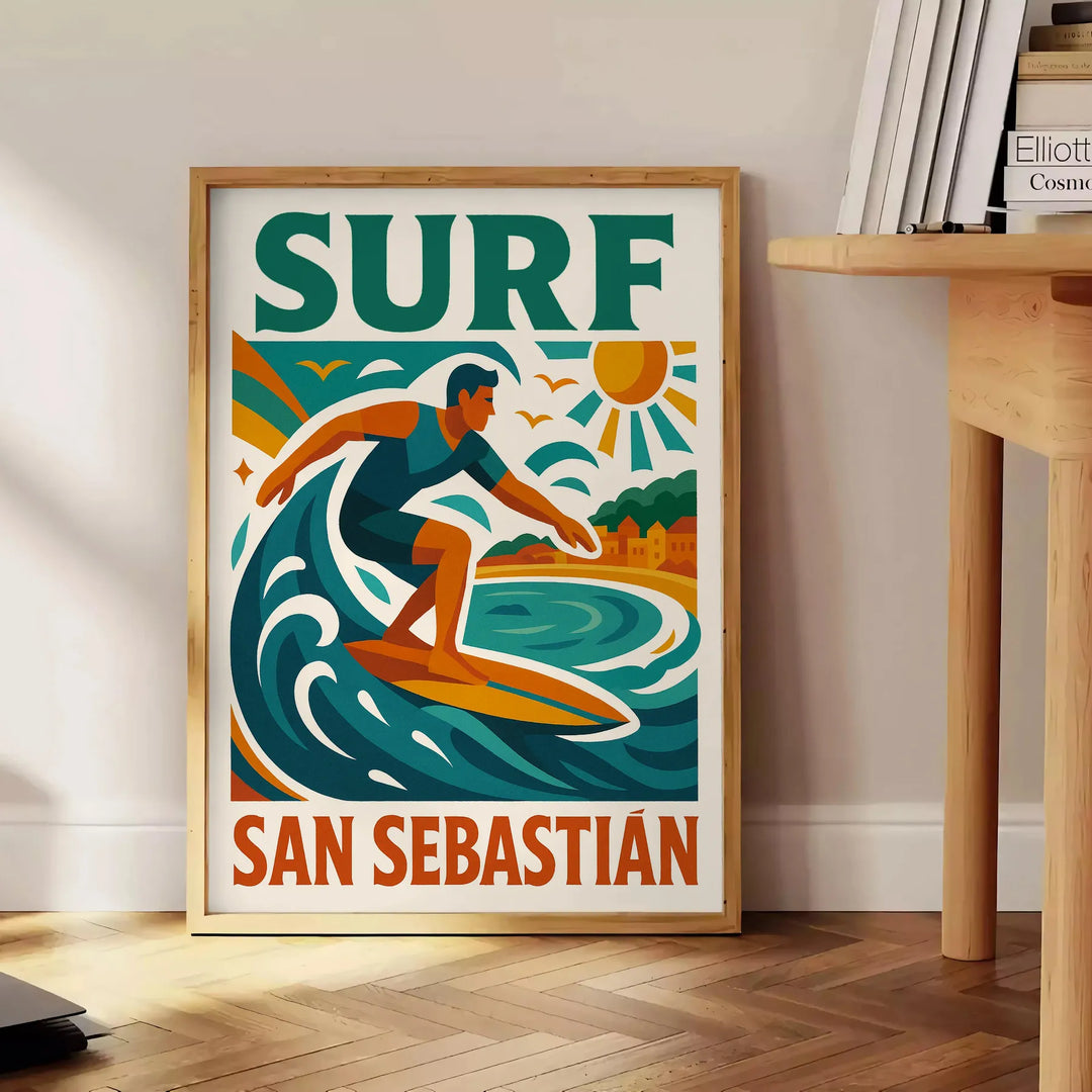 Ανακαλύψτε την ζωντάνια του surfing στη Σαν Σεμπαστιάν με αυτό το εντυπωσιακό μπλε και λευκό πόστερ, ιδανικό για κάθε χώρο. Δ