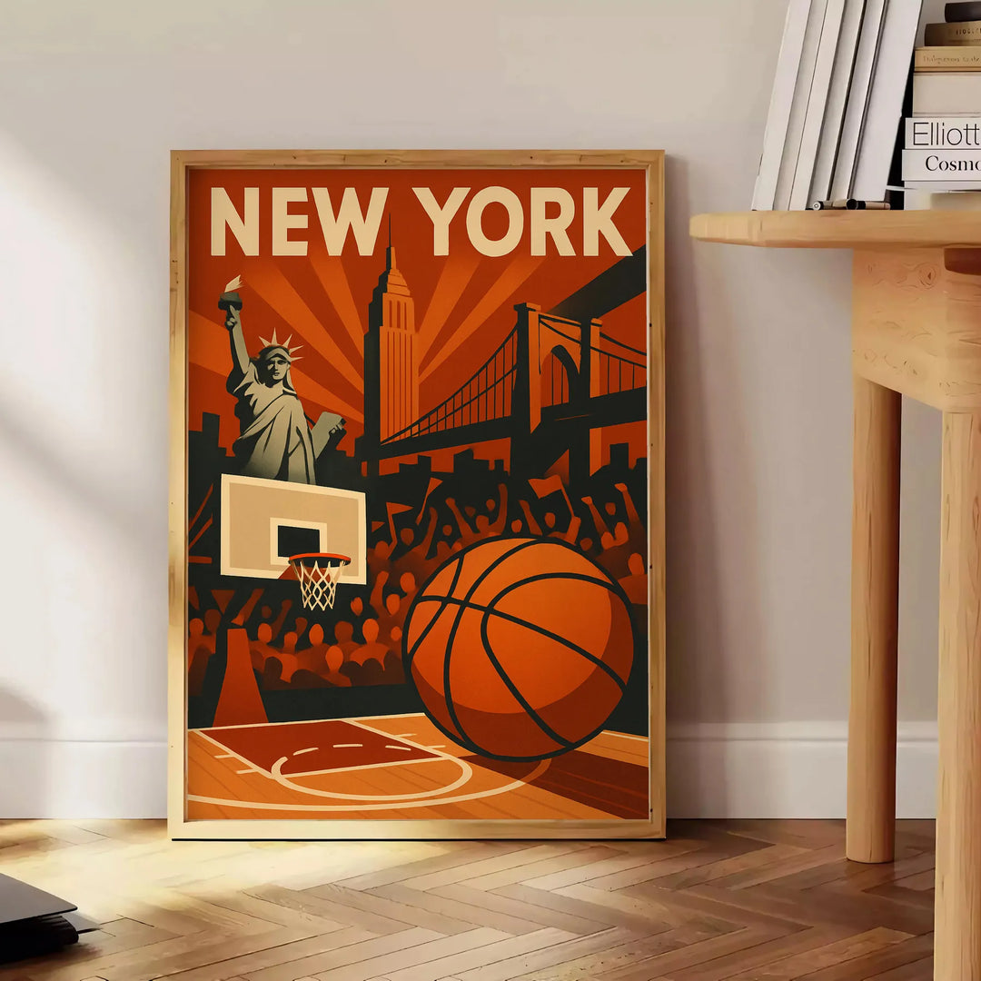ニューヨークNBAポスター。黒と赤のデザインで、バスケットボールファンにぴったりの壁アート。サイズはA4からA0まで選べます。