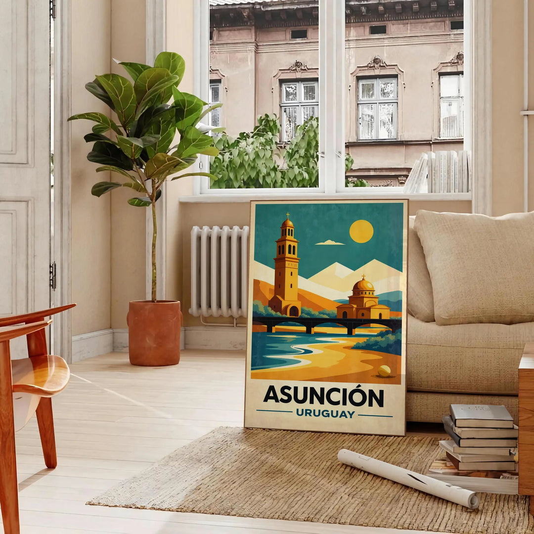 Vintage Art Déco poster of Asunción, Paraguay cityscape in orange and green