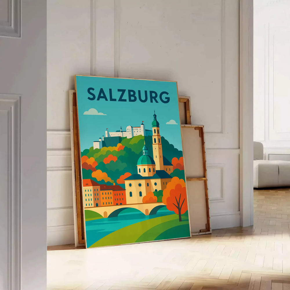 Salzburg landmarks illustrated in green and orange, vintage travel-style poster