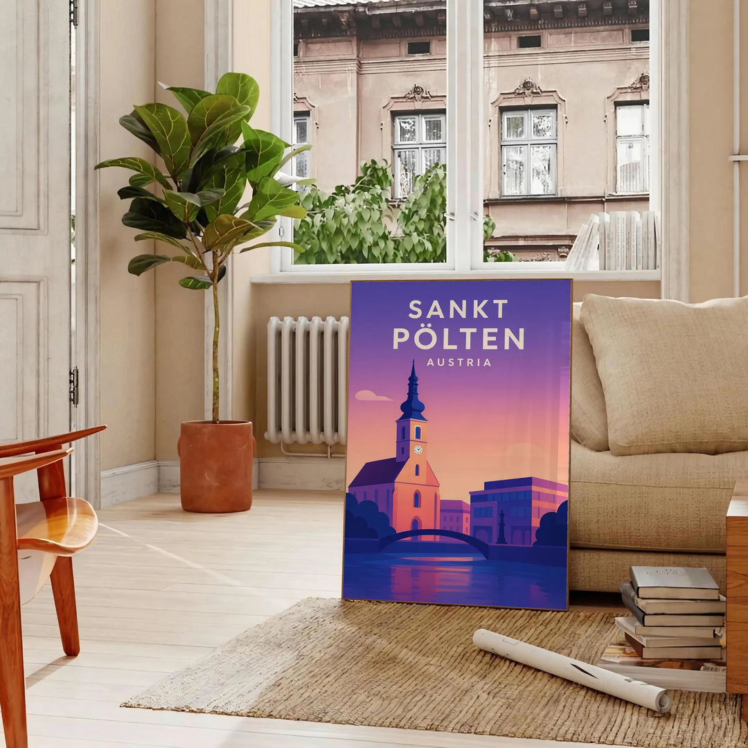 Sankt Pölten Plakat, minimalistisches Stadtbild in Grau und Lila