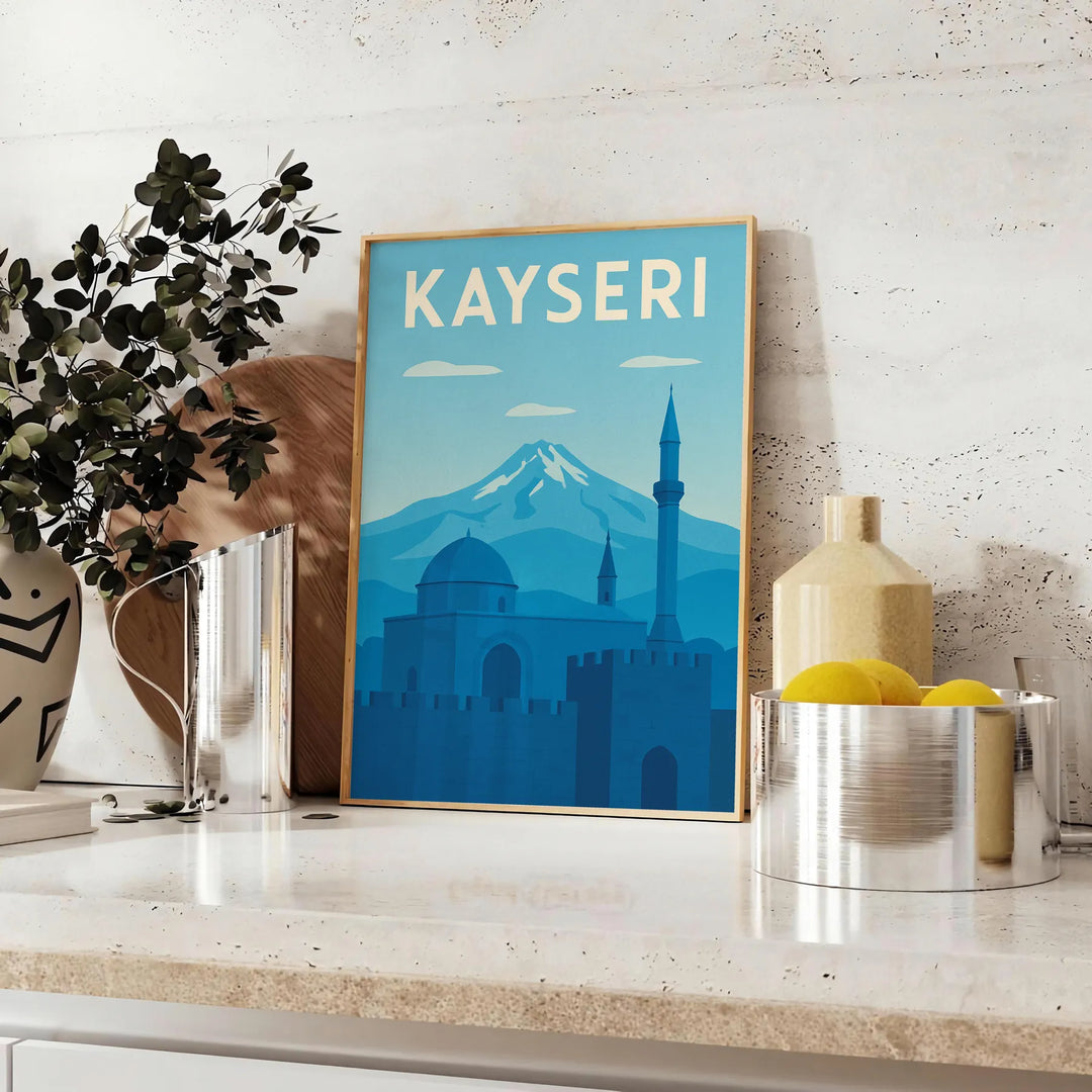 Blue Kayseri Turkey travel poster showing historic skyline in flat vintage style
