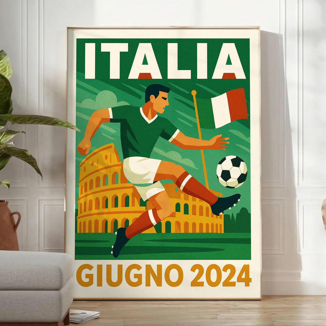 Plakat piłkarski Italia w intensywnych pomarańczowych i białych kolorach, idealny dla fanów i kolekcjonerów. Dostępny w rozmi