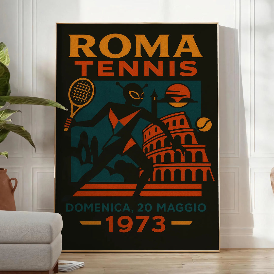 Póster de tenis Alien Roma con un vibrante diseño en verde y marrón, ideal para los amantes del deporte y lo extraterrestre
