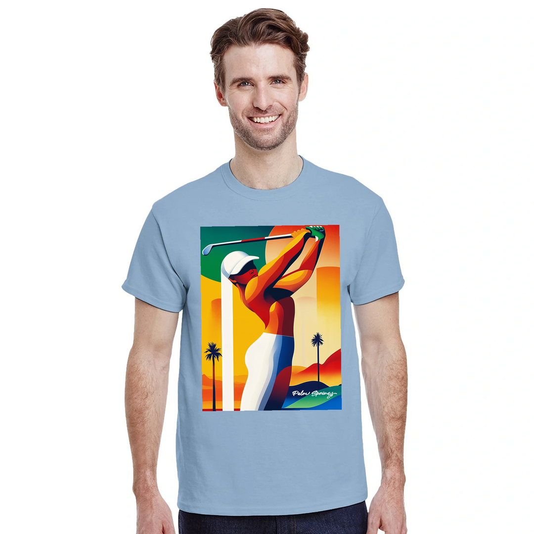 パームスプリングスのゴルフをイメージしたスタイリッシュなTシャツ。快適な着心地と耐久性のあるプレミアムコットンを使用。