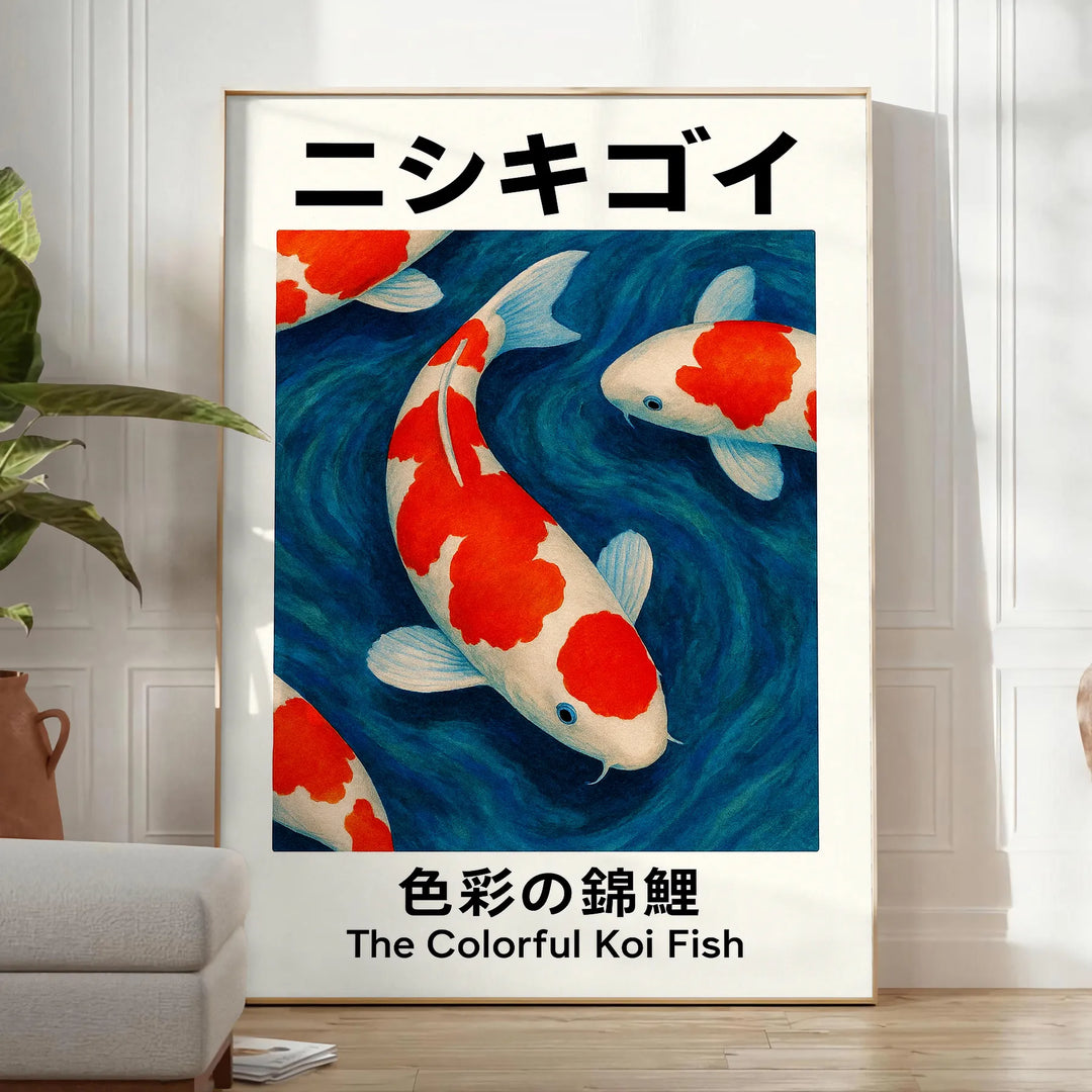 Koi Fish japansk affisch med livliga gröna och röda nyanser, perfekt för att förvandla ditt rum med en lugn och dynamisk käns