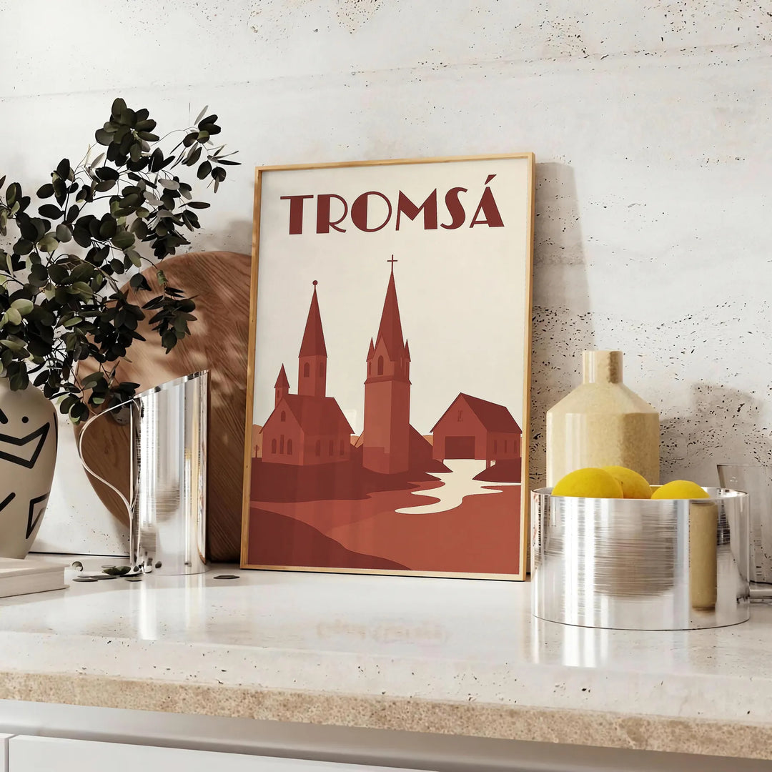 Vintage plakat Art D co przedstawiający urok Tromsø w Norwegii, dostępny w rozmiarach 50x70 lub 30x40, idealny do każdego wnę