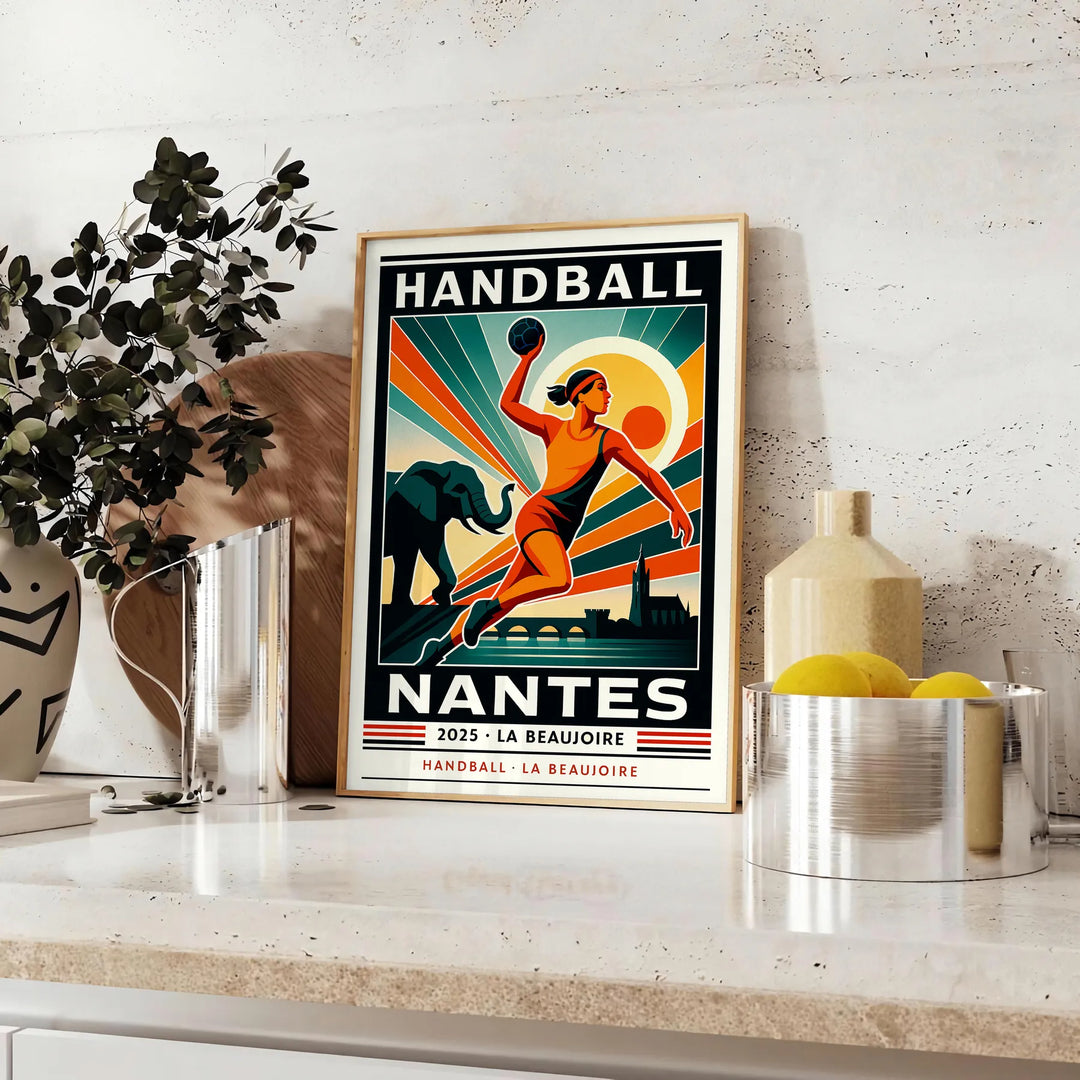 Pôster de handebol com design arrojado em vermelho e preto, disponível em vários tamanhos