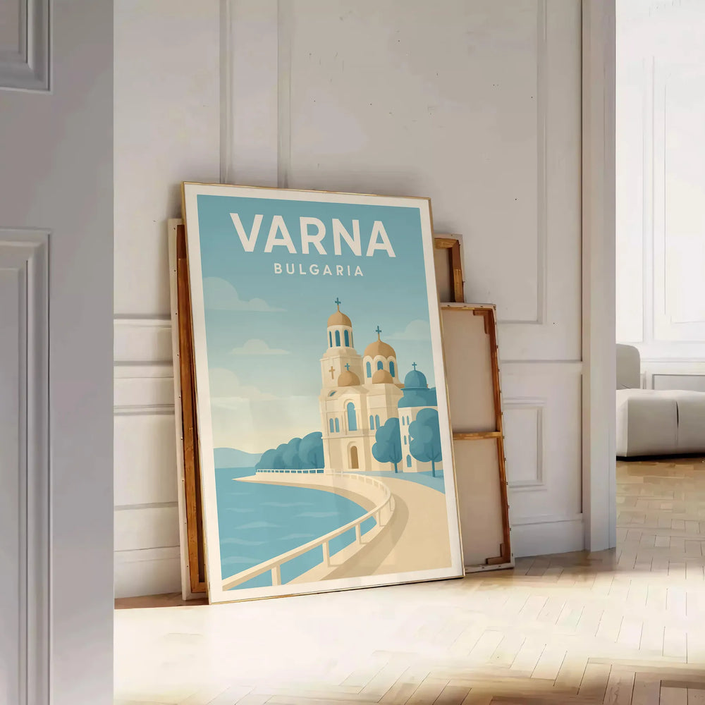 Blue and gray Varna, Bulgaria cityscape poster in minimalist style