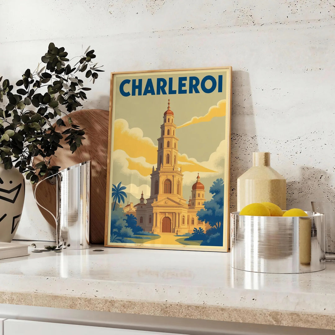 Affiche Charleroi Art Déco montrant scène urbaine vintage vert et bleu
