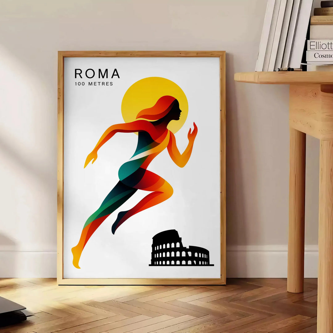 affiche dynamique thème 100 mètres passion sport Rome couleurs vibrantes rouge noir 50x70 30x40 décoration œuvre cadre