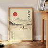 captivating Japanese Sun Mountain Boat poster harmonious blend gray orange hues decor tranquility adventure various sizes needs A4 cm A0