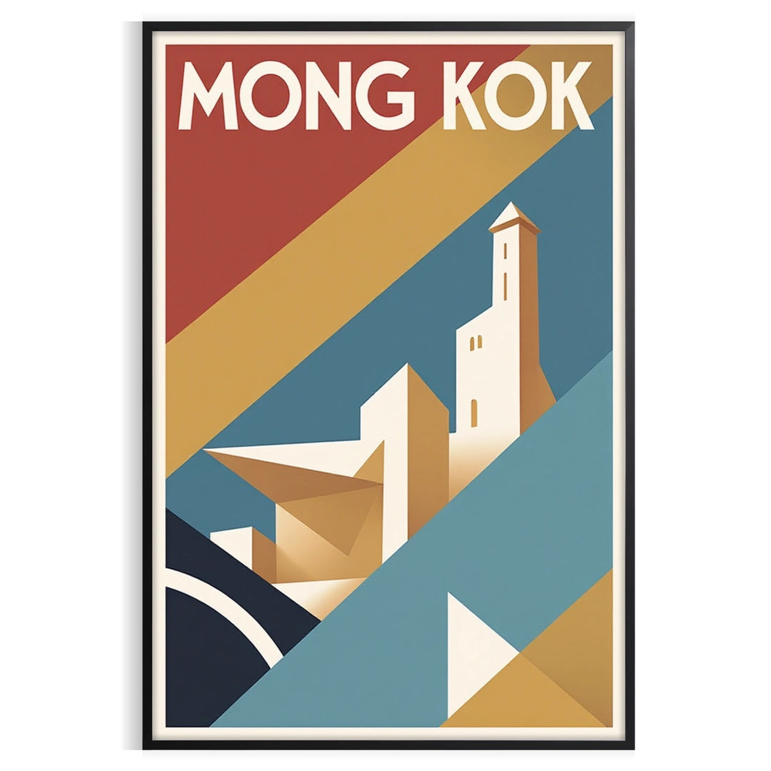 Poster vintage di viaggio Mong Kok, Hong Kong, in stile Art Deco, con colori vivaci e una rappresentazione affascinante della