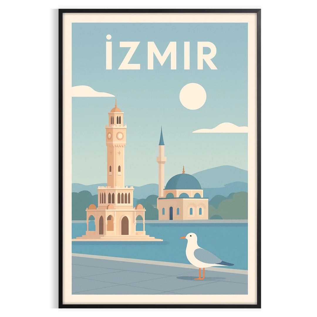 Stylized Izmir, Turkey cityscape poster in gray and blue tones