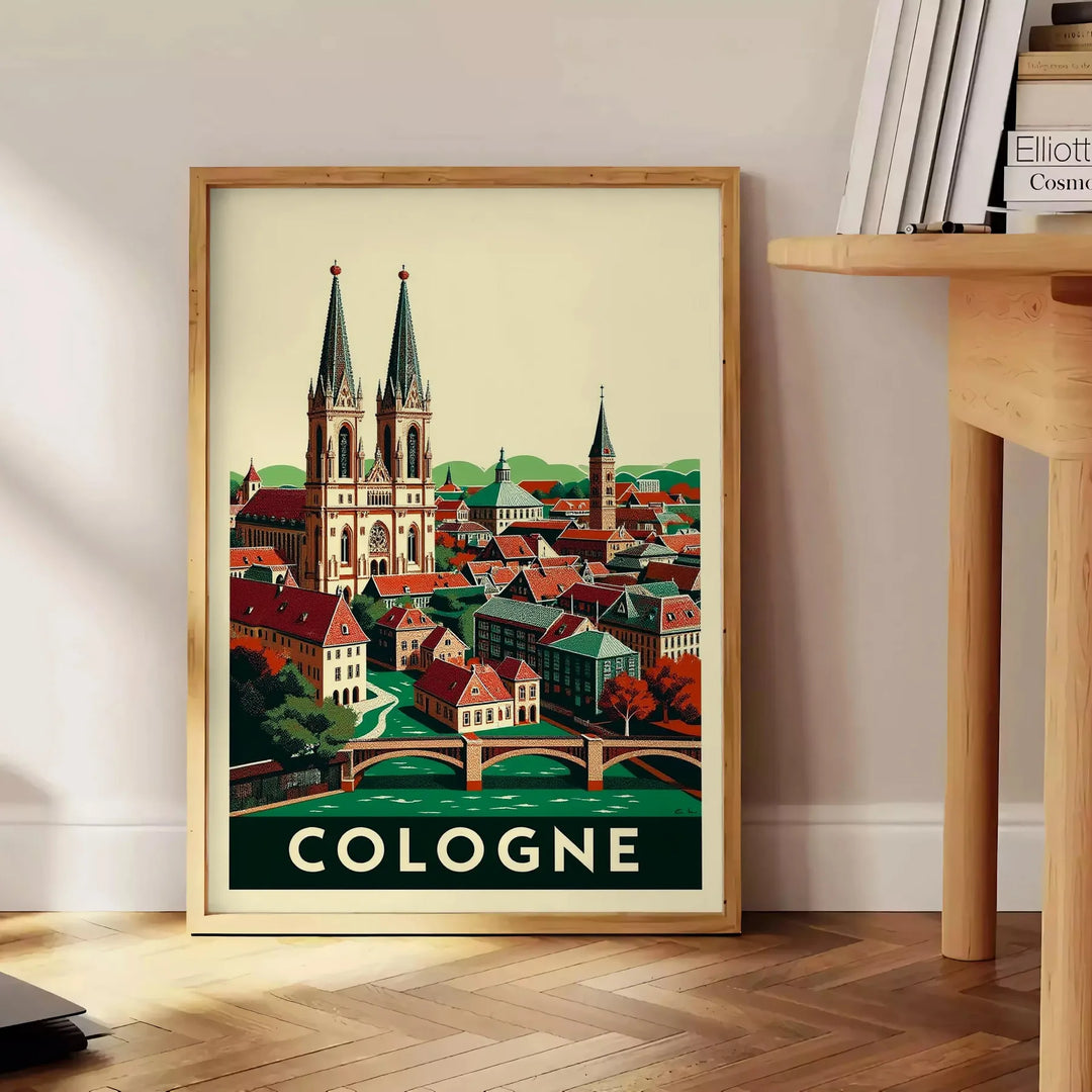 Plakat w stylu Art Déco inspirowany urokami Kolonii w eleganckiej czarno-szarej palecie, dostępny w różnych rozmiarach
