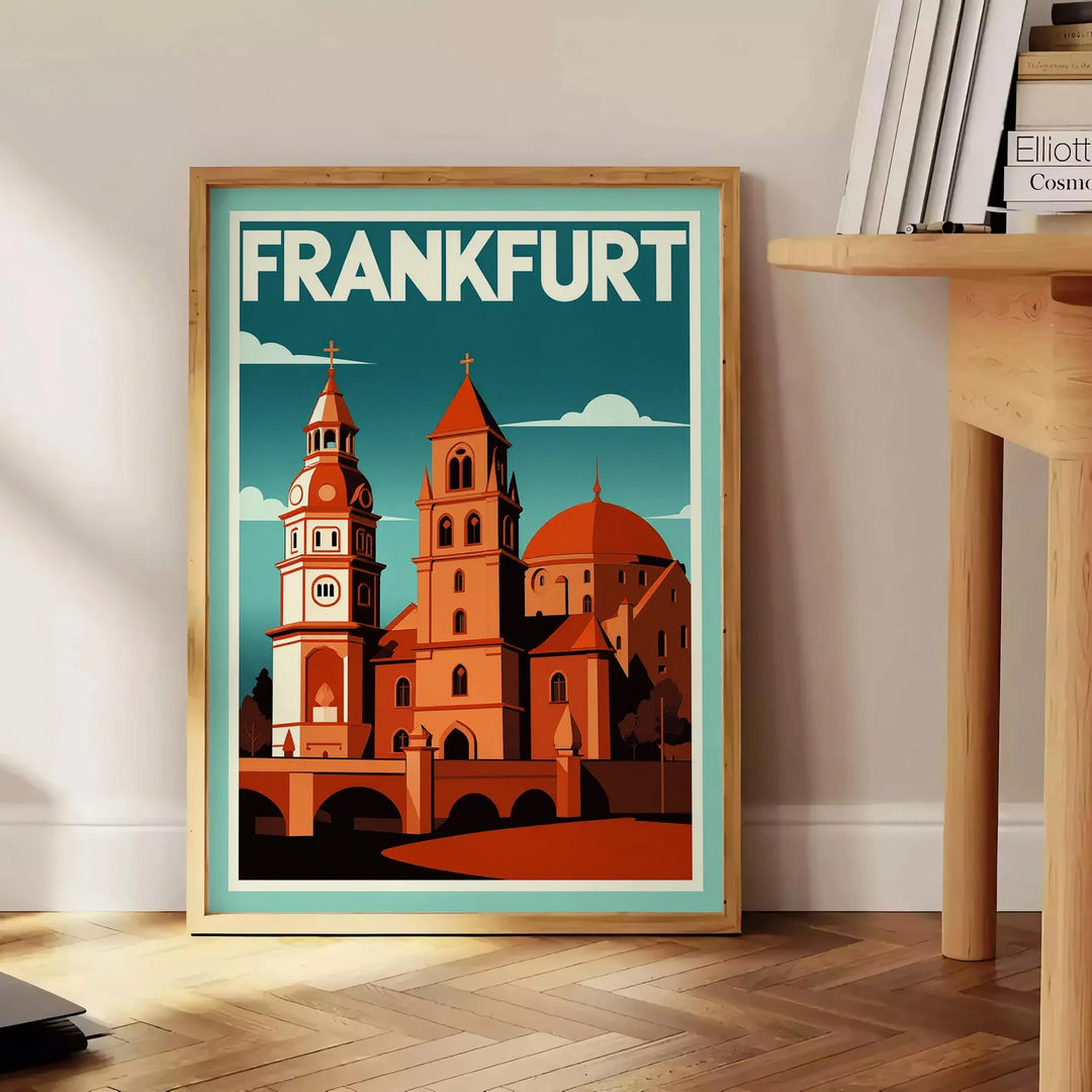 Plakat w stylu Art Déco przedstawiający Frankfurt, Niemcy, w intensywnych czerwonych i pomarańczowych odcieniach, idealny do