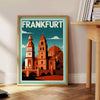 Plakat w stylu Art Déco przedstawiający Frankfurt, Niemcy, w intensywnych czerwonych i pomarańczowych odcieniach, idealny do