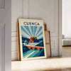 Vacker Art Déco vintageposter från Cuenca, Ecuador i livliga orange och blå nyanser. Finns i storlekarna 50x70 och 30x40. Per
