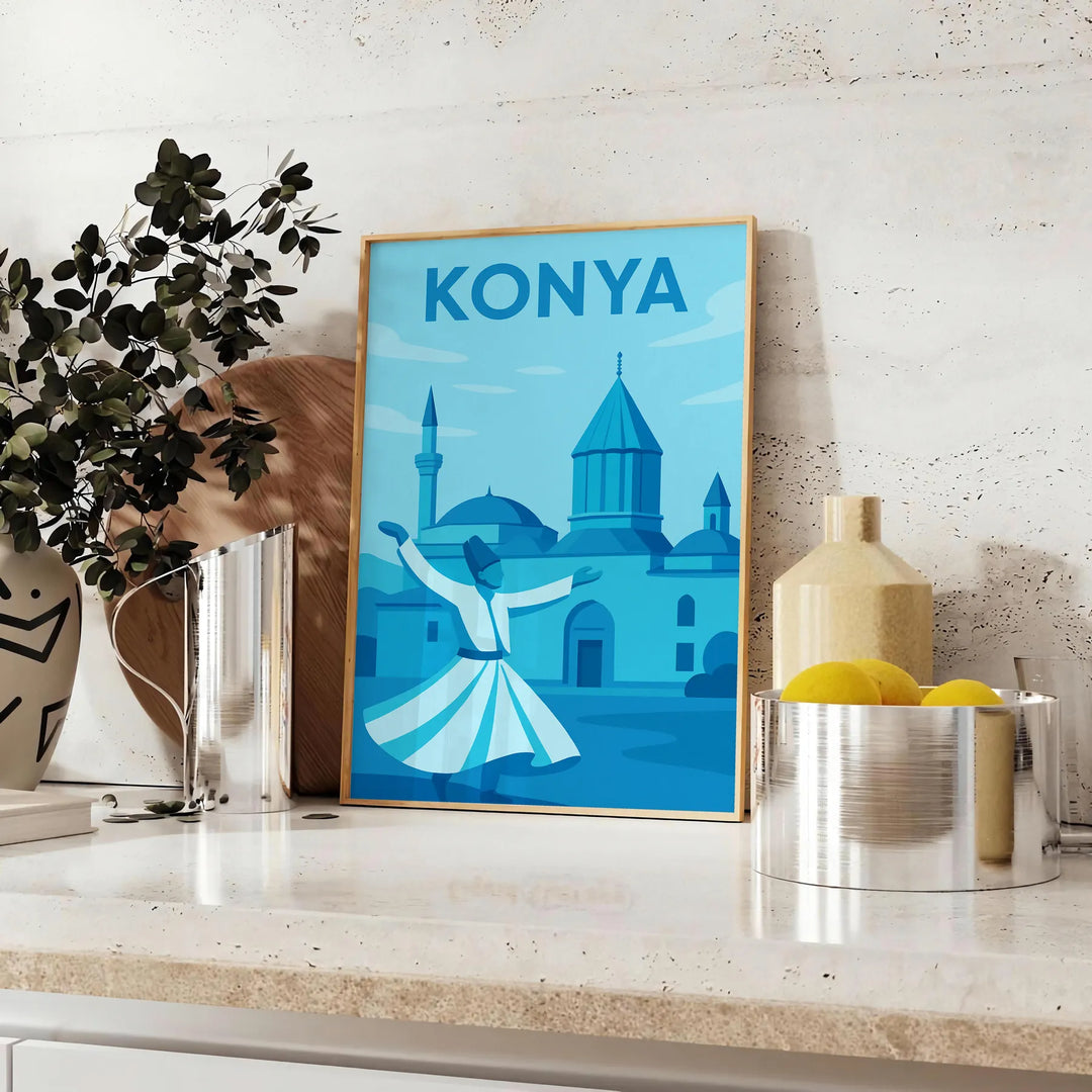 Blue stylized Konya, Turkey cityscape artwork on a printed poster