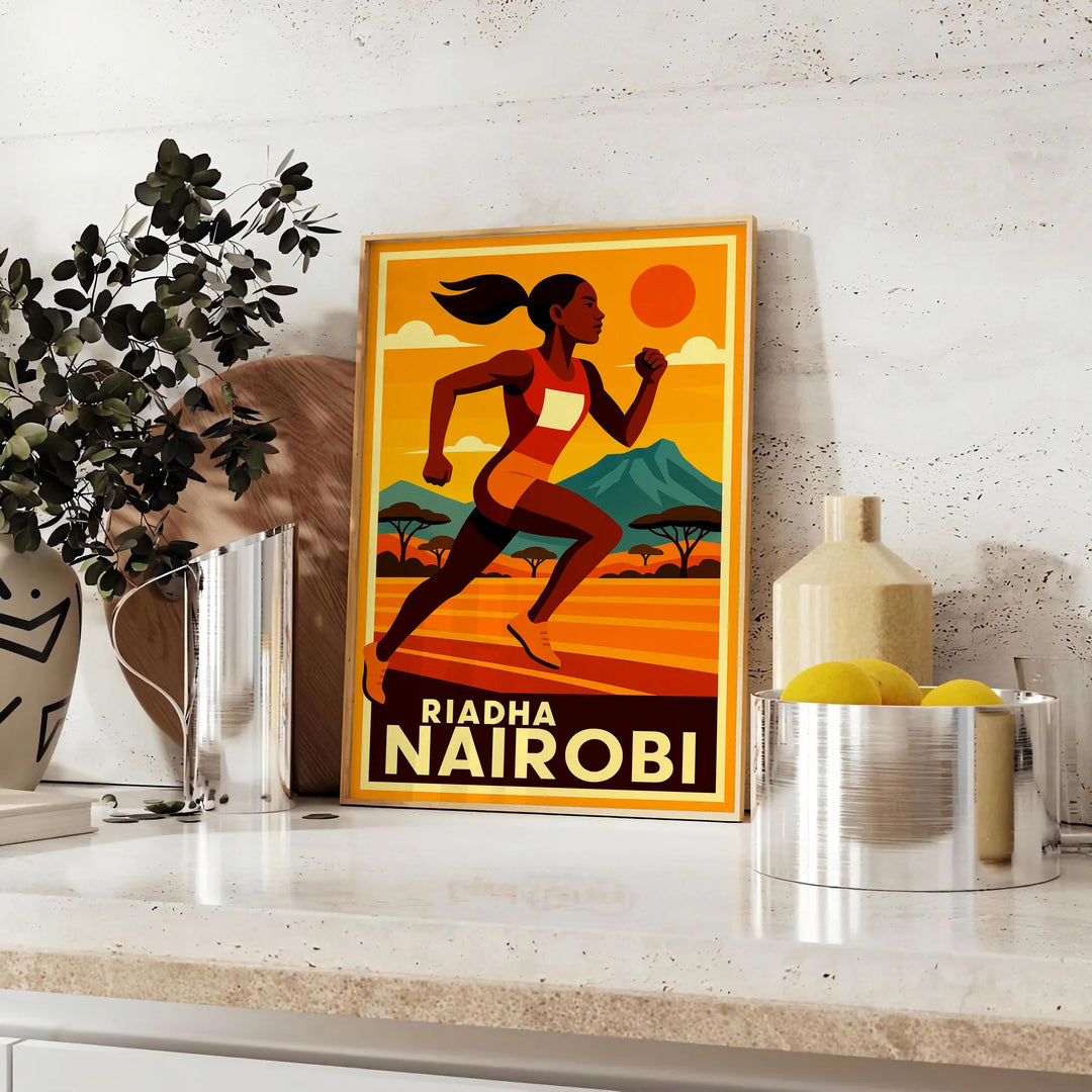 Affiche captivante thématique Nairobi Riadh Athletics couleurs rouge noir audacieuses une touche dynamique espace  excellent dimensions cm passion sport disponibles A4 A0