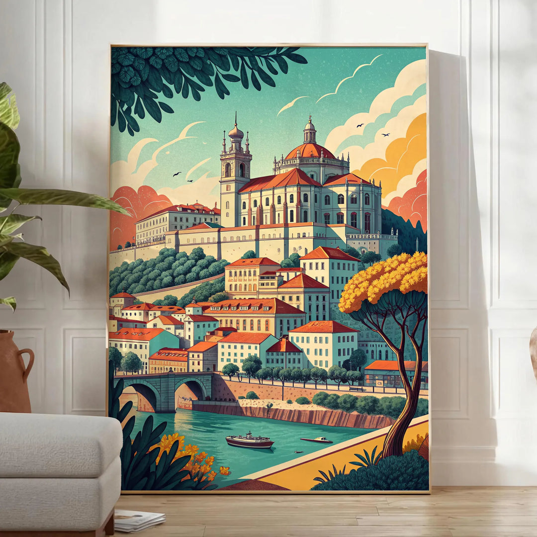 Poster Coimbra Portogallo Art Déco con veduta cittadina stilizzata grigio e marrone, vintage