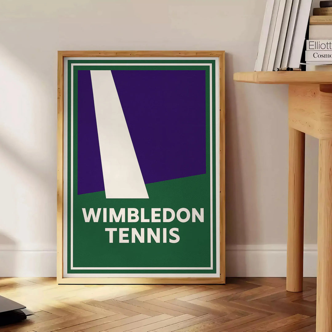 ウィンブルドンテニスのミニマルポスター。グレーとグリーンの洗練されたデザインで、スポーツ愛好者にぴったりのエレガントなアートワーク。