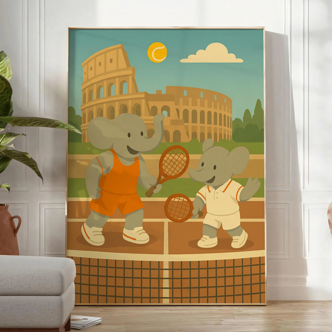 Affiche Kid Elephant Tennis Roma un incontournable petits sportifs nuances gris vert une touche dynamique chambre enfant Acheter unique genre formats A4 cm A0