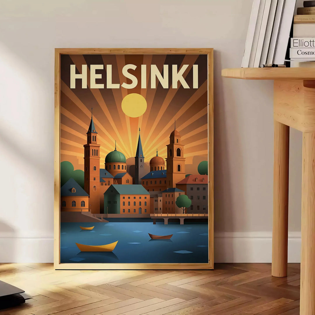 Manifesto vintage Art Déco di Helsinki con illustrazione cittadina grigia e verde.