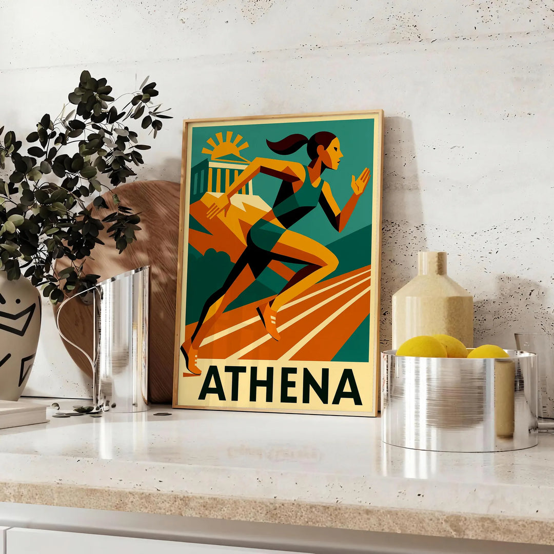 Färgglad poster med Athletics Athena-motiv i gröna och röda nyanser, perfekt för sportentusiaster. Finns i flera storlekar