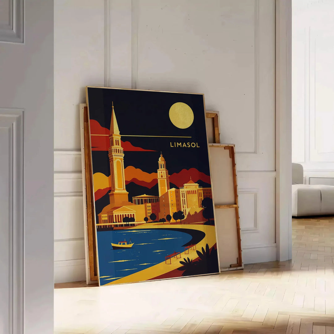 Plakat w stylu Art Déco przedstawiający urok Limassol na Cyprze, w intensywnych odcieniach pomarańczowego i czarnego, dostępn