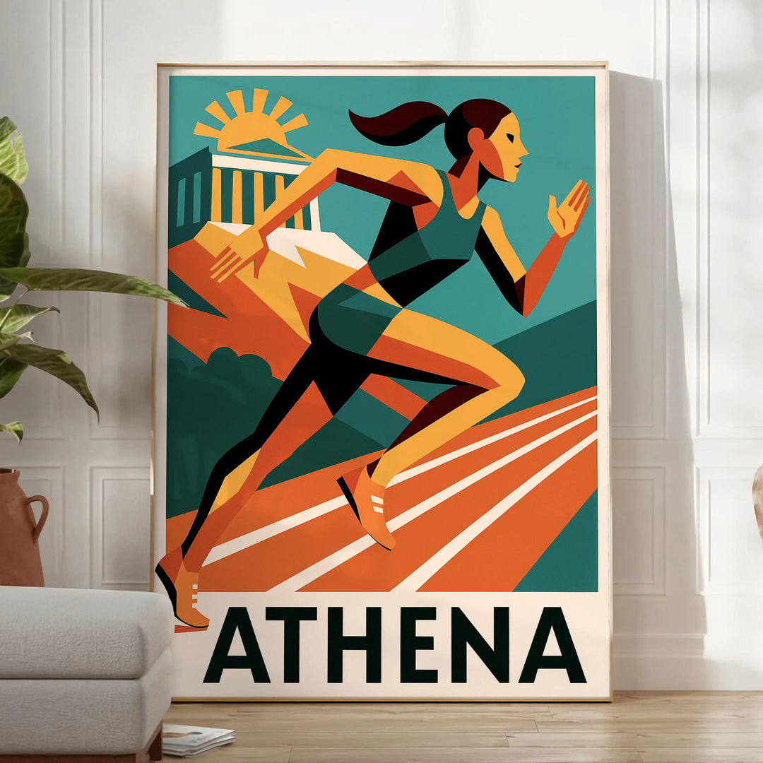 Vibrants "Athletics Athena 199" plakāts ar dinamiskām oranžām un baltām krāsām, kas iedvesmo enerģiju un kaislību sportā. Ide
