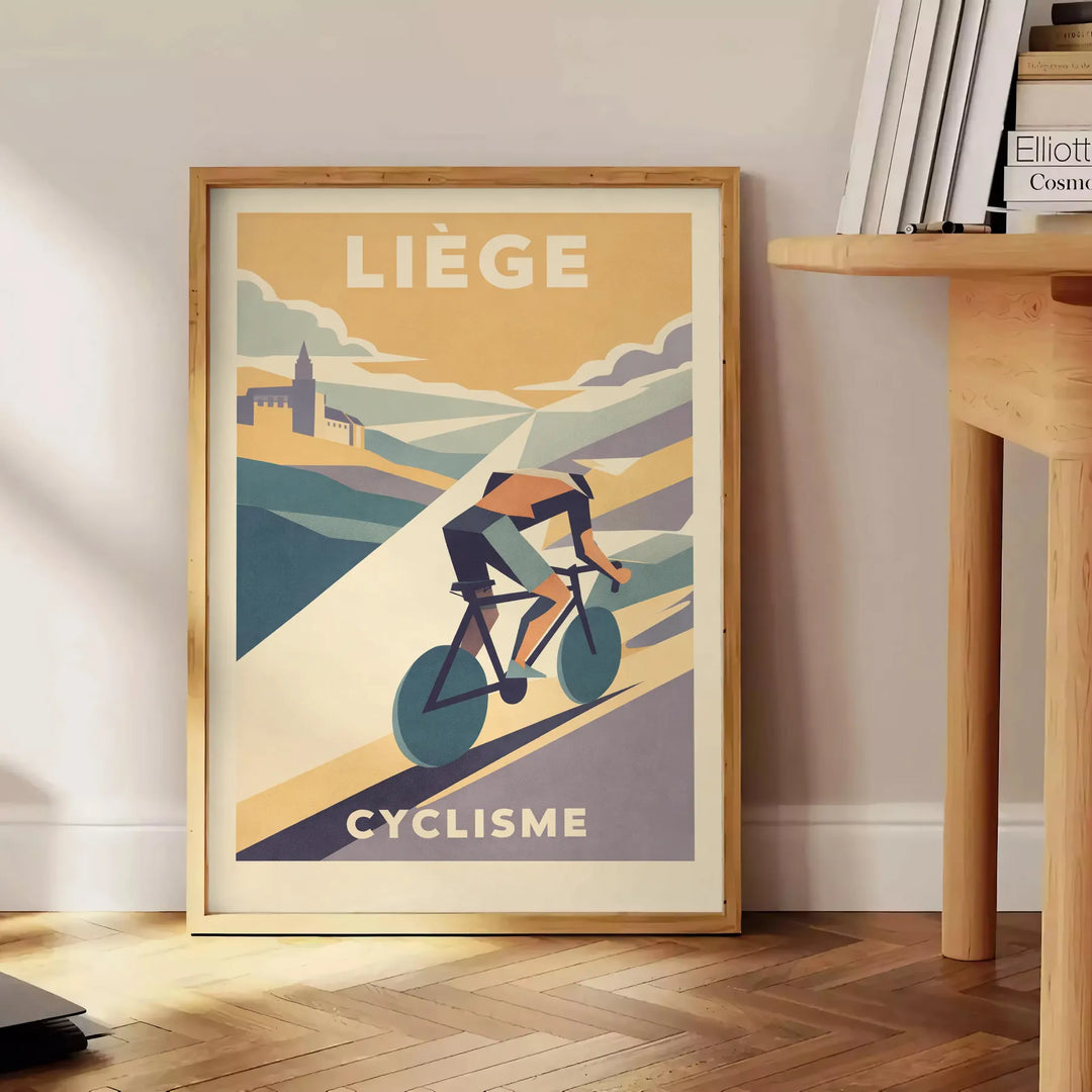 Stilren poster av Liège, Belgien med cykelmotiv i gröna och blå nyanser, perfekt för cykelentusiaster. Finns i storlekarna 50
