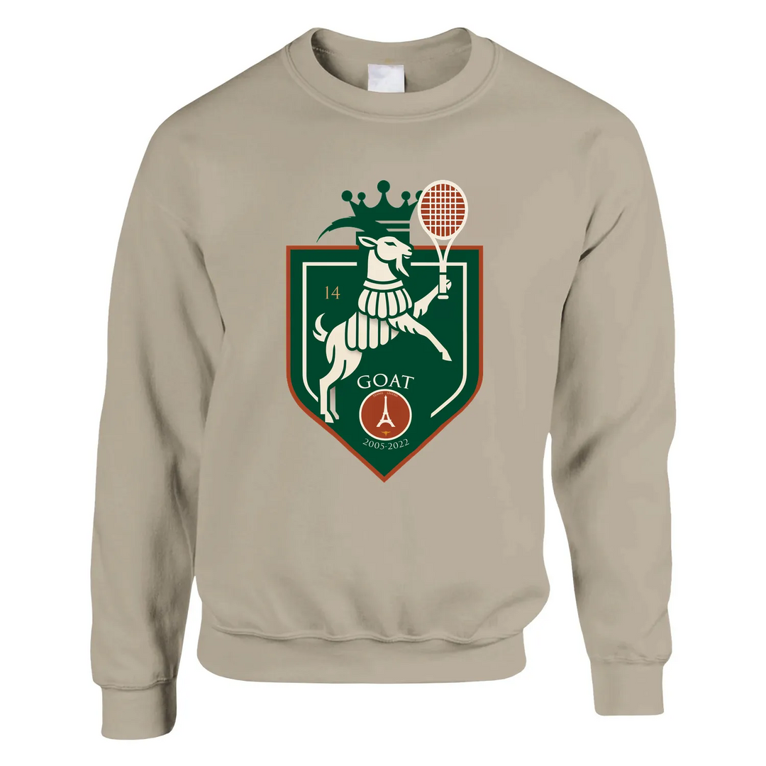 Sweater Tennis GOAT Rafa Paris, feito de 50% algodão e 50% poliéster, com toque suave e resistência ao desgaste. Design uniss