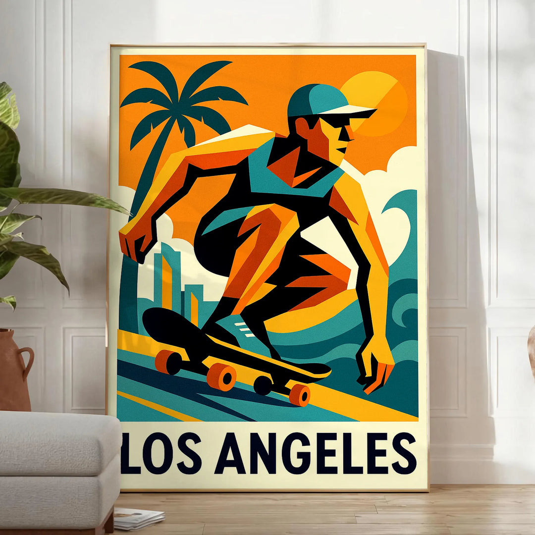 ロサンゼルスのスポーツ文化にインスパイアされた鮮やかなスケートボードポスター。大胆な緑と赤のグラフィックが特徴で、スケート愛好者にぴったりなデザインです。サイズはA4、30x40 cm、50x70 cm、60x80 cm、A0から選べます。