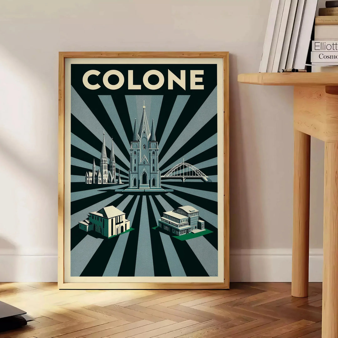 Art Déco poster of Cologne skyline in green and black